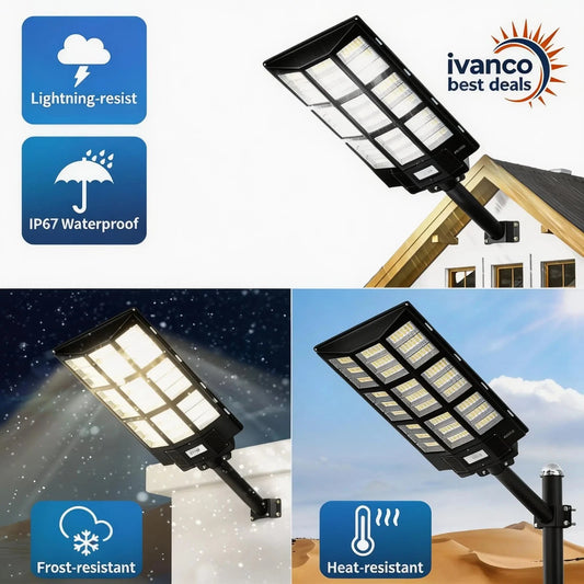Solar street light with features like lightning-resist, IP67 waterproof, frost-resistant, and heat-resistant on a clear background.