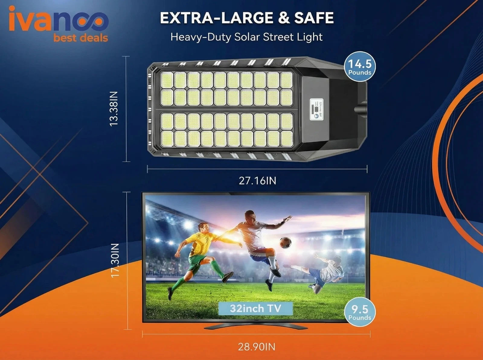 Heavy-duty solar street light with dimensions and features displayed on a blue and orange background.