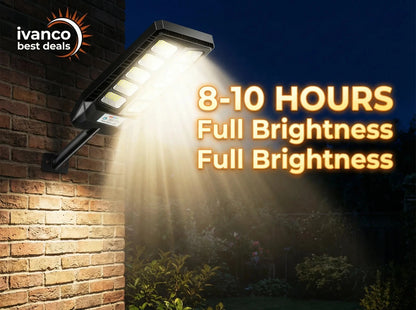 Solar light fixture on a brick wall with text highlighting brightness and runtime, branded 'ivanco best deals'.