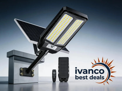 Solar flood light with battery pack on a reflective surface, Ivanco logo visible
