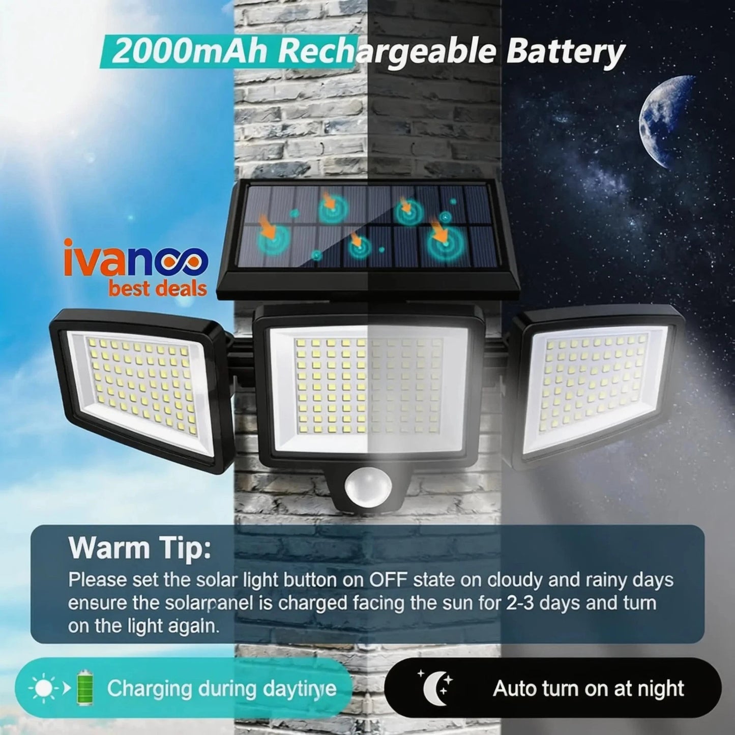 Solar light fixture with 2000mAh rechargeable battery on a space-themed background, featuring the ivanoo brand.