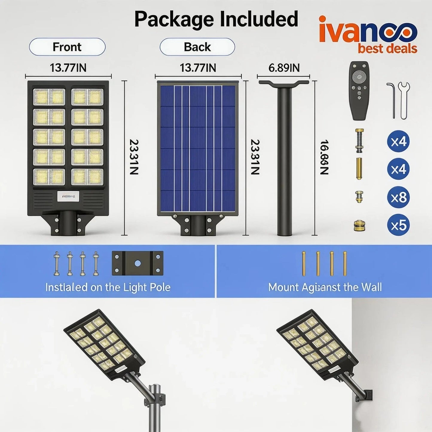 Solar street light package with dimensions and installation options, featuring the ivanco brand.