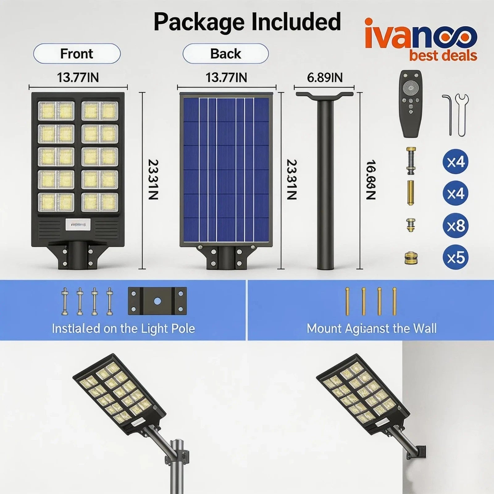 Solar street light package with dimensions and installation options, featuring the ivanco brand.