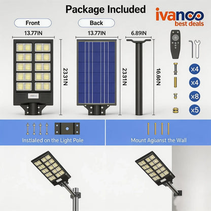 Solar street light package with dimensions and installation options, featuring the ivanco brand.