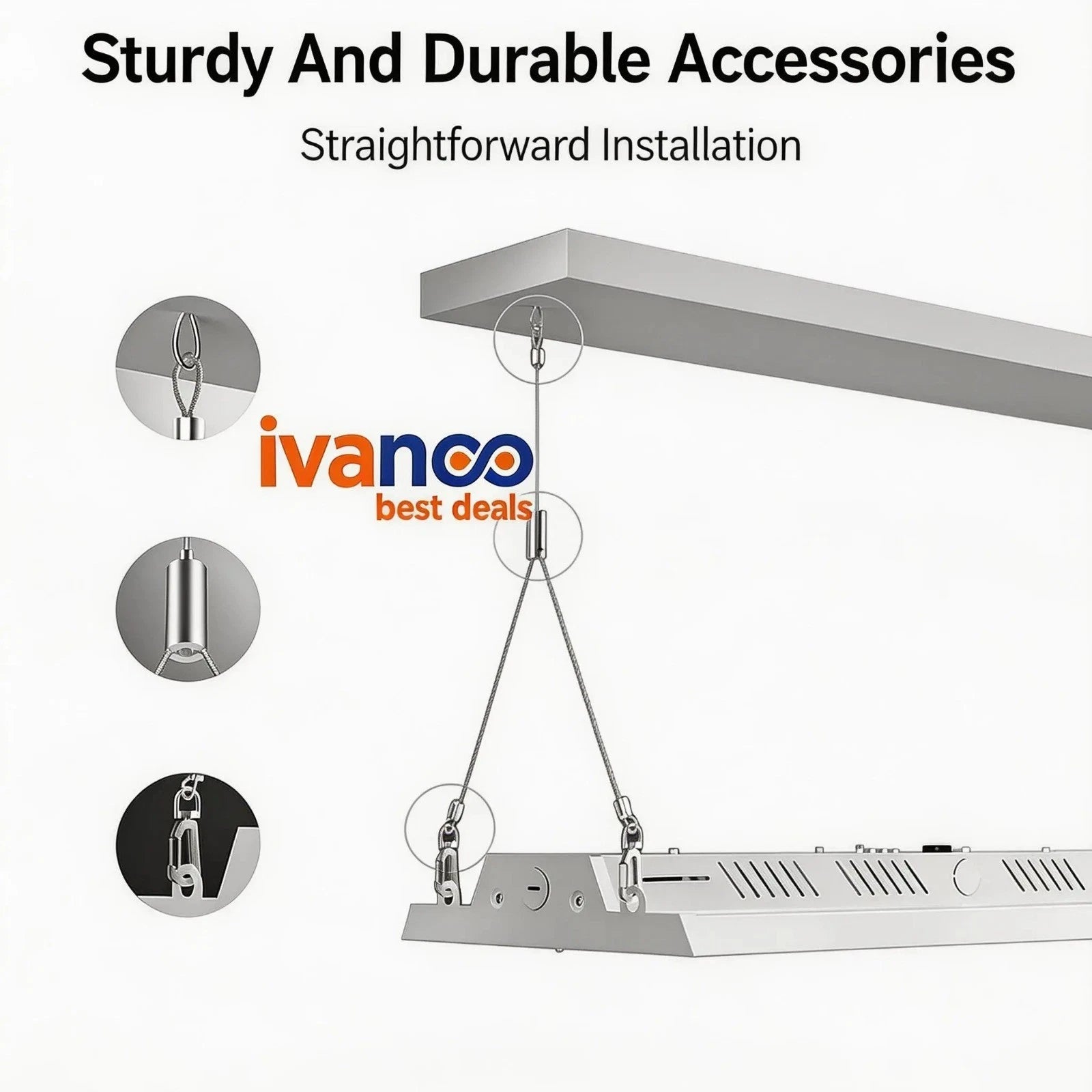 Ivanco ceiling light fixture with accessories and installation text on a white background