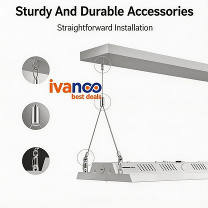 Ivanco ceiling light fixture with accessories and installation text on a white background