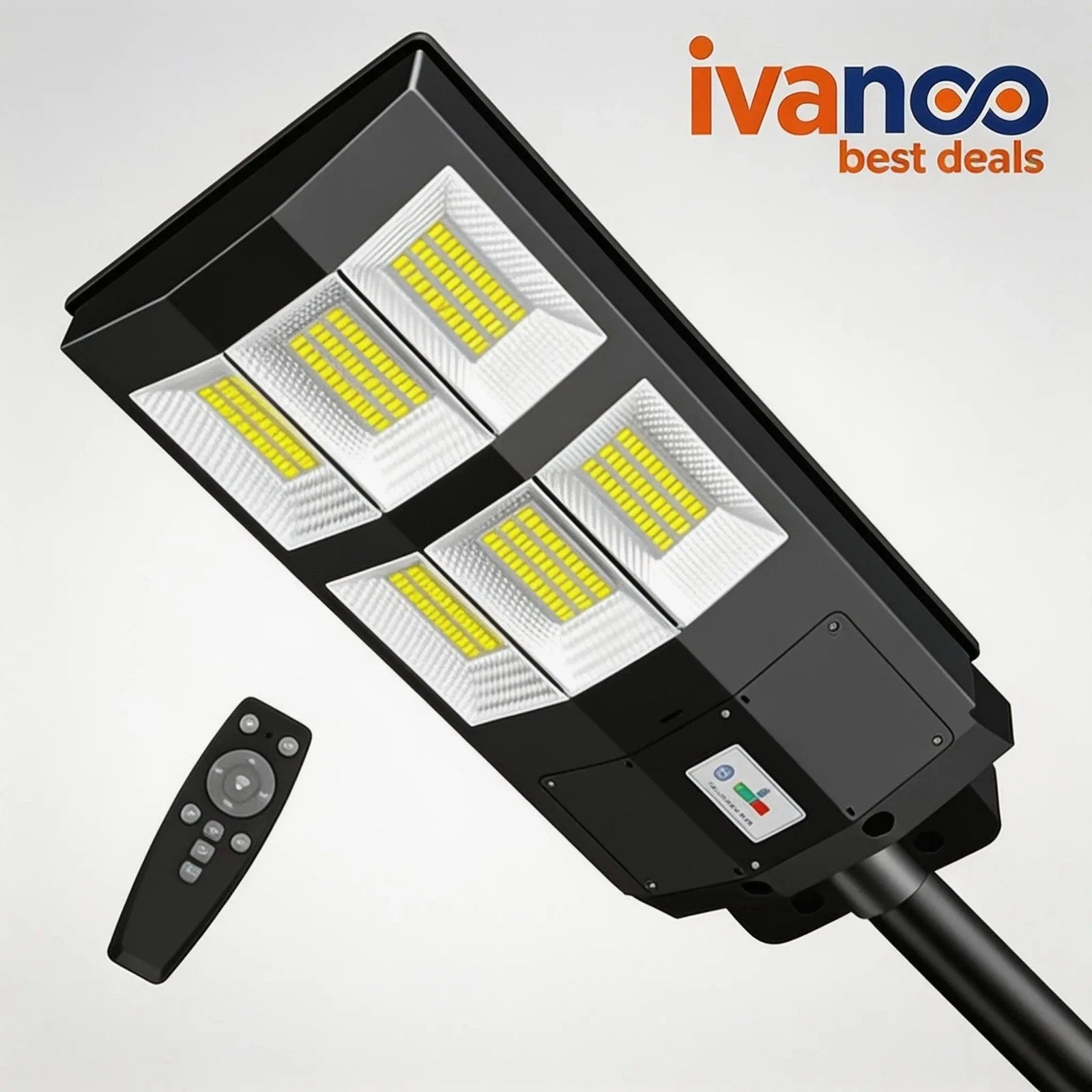 LED street light with remote control on a gray background, featuring the ivanco logo.