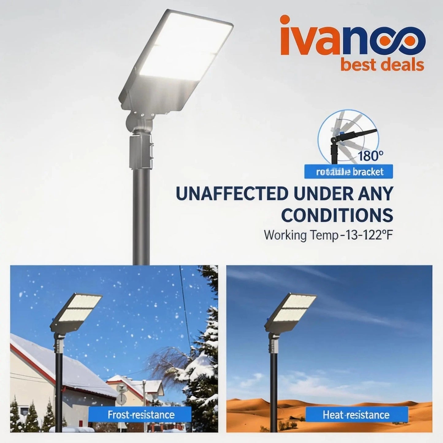 Street light with ivanco branding, showing frost resistance and heat resistance in different environments.
