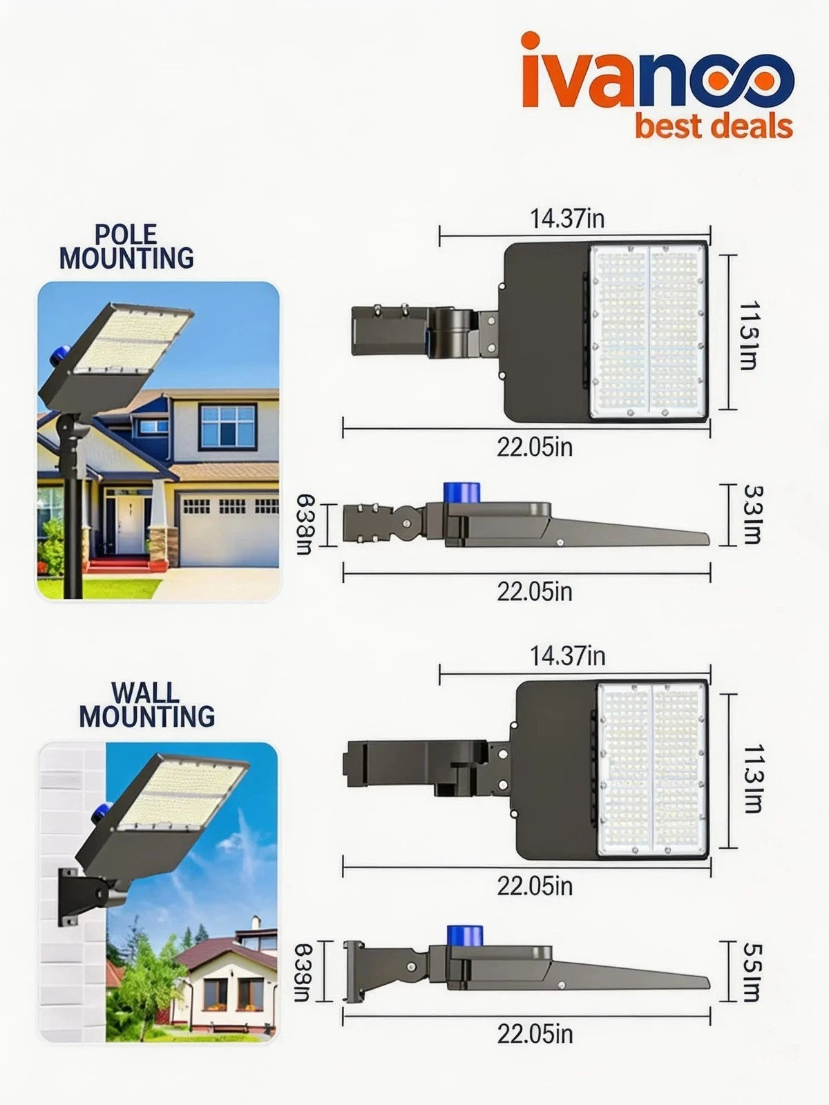 LED street light with mounting options and dimensions, branded as ivanco.