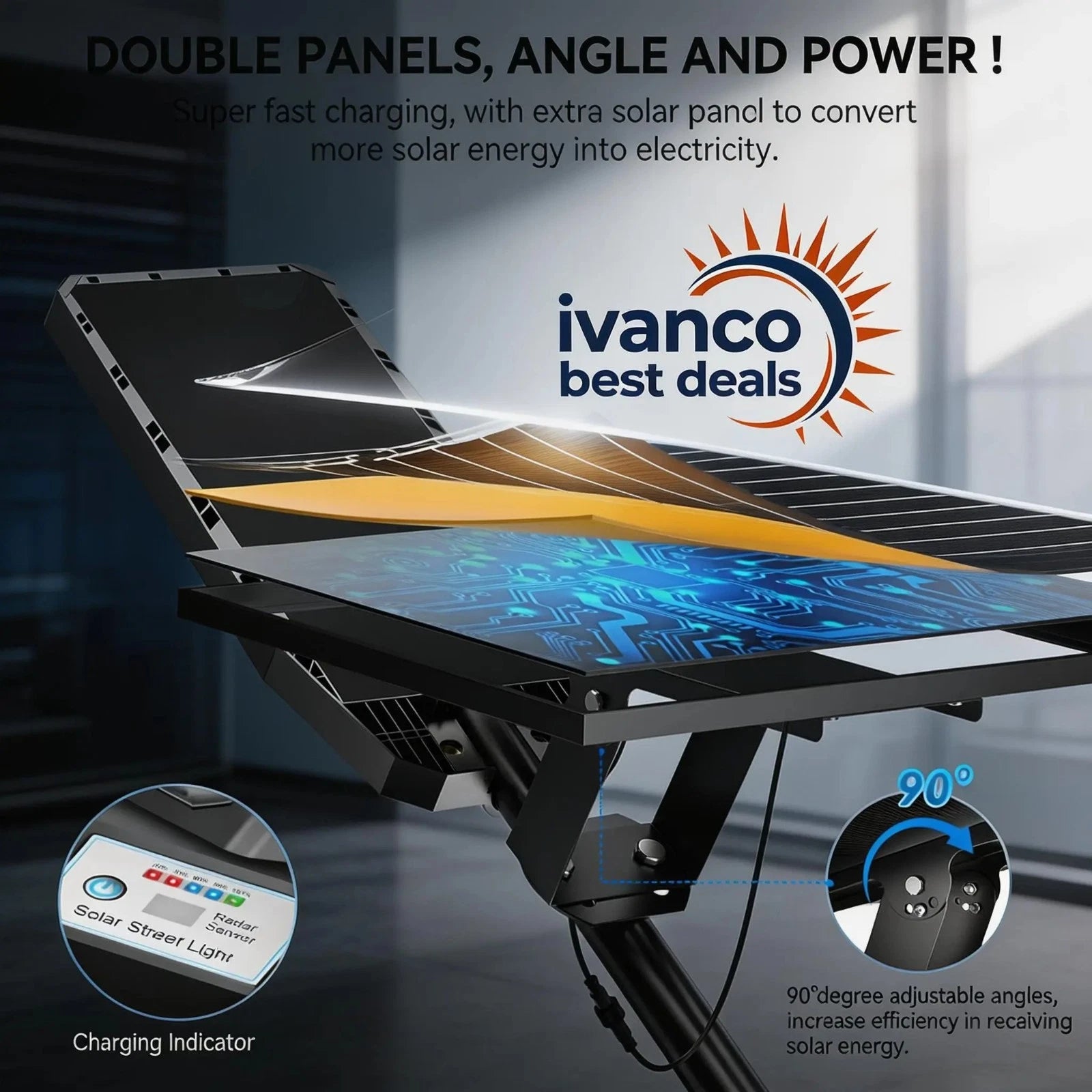 Solar panel with charging indicator and 90-degree adjustable angles, featuring Ivanco branding.