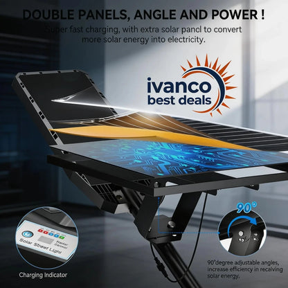 Solar panel with charging indicator and 90-degree adjustable angles, featuring Ivanco branding.