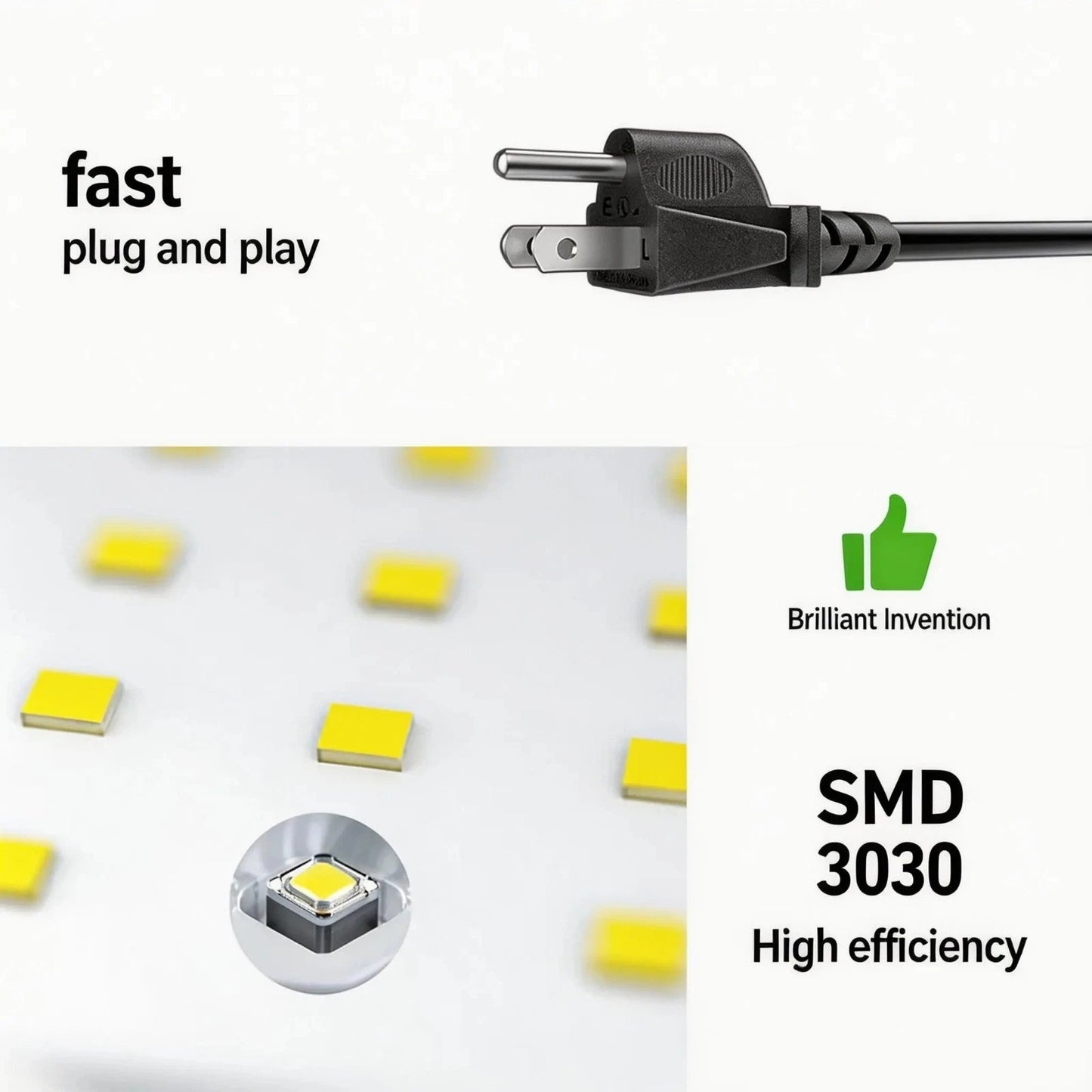 Electric plug with LED light bulbs and text highlighting features on a white background