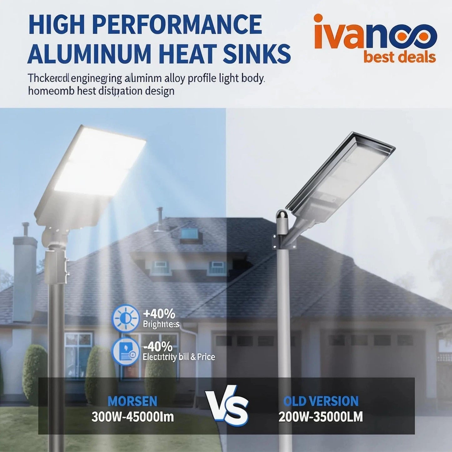 Comparison of MORSEN 300W-45000lm and OLD VERSION 200W-35000lm street lights with text about high-performance aluminum heat sinks and ivanco brand.