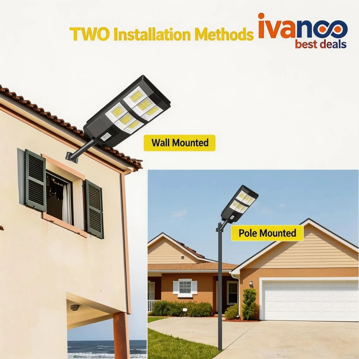 Two installation methods of a solar street light on a house exterior and pole.