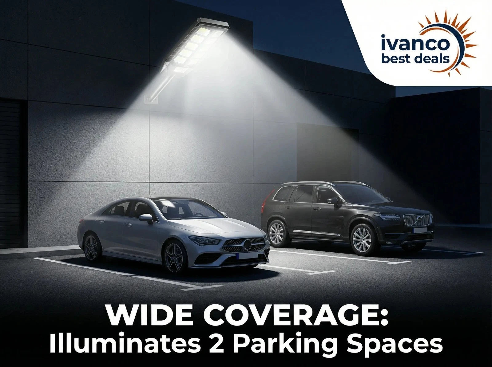 Two cars parked in a garage with bright lights illuminating the area, featuring the Ivanco logo.