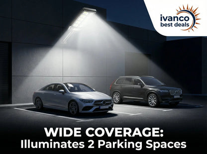 Two cars parked in a garage with bright lights illuminating the area, featuring the Ivanco logo.