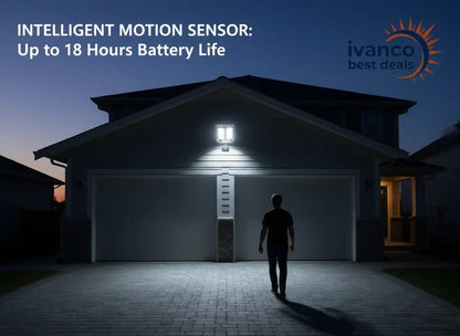 Ivanco intelligent motion sensor light on a house exterior with a person walking towards it.