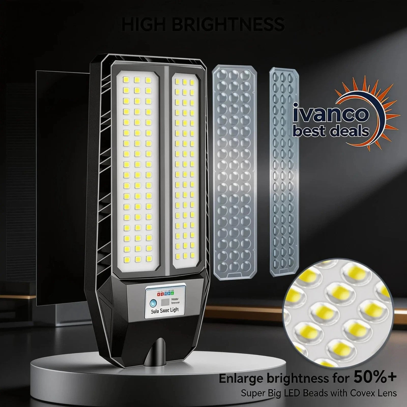 LED light bulb with 'ivanco best deals' logo and close-up of LED beads.