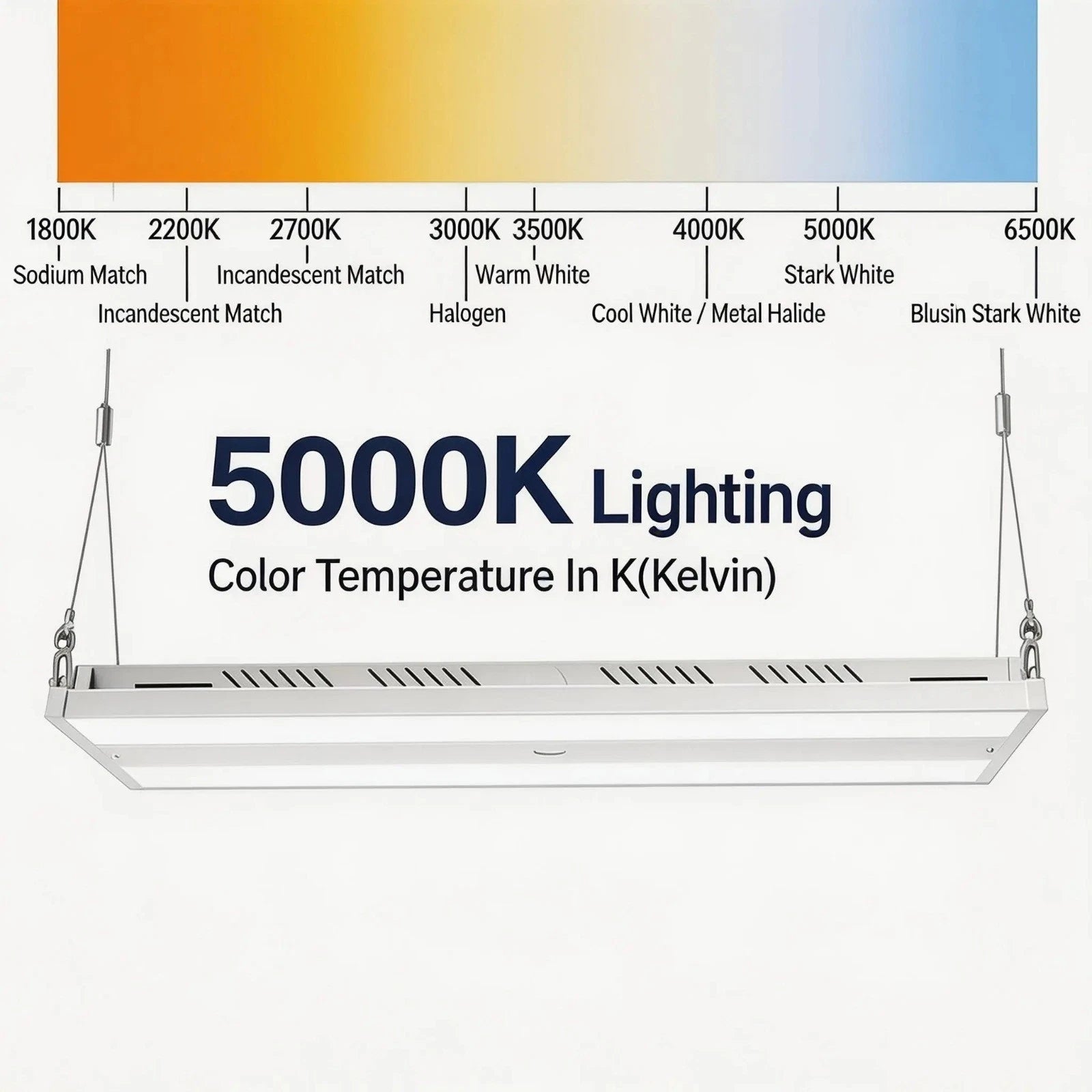 Light fixture with color temperature chart showing 5000K lighting.