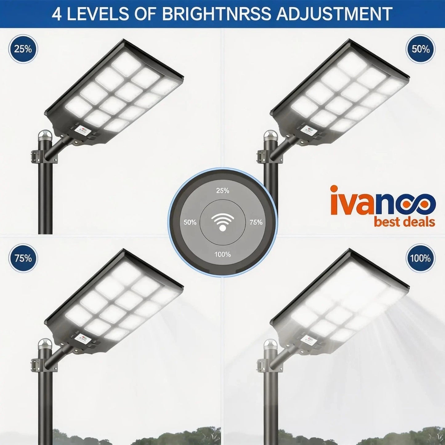 Solar street light with brightness adjustment levels and ivanoo branding.