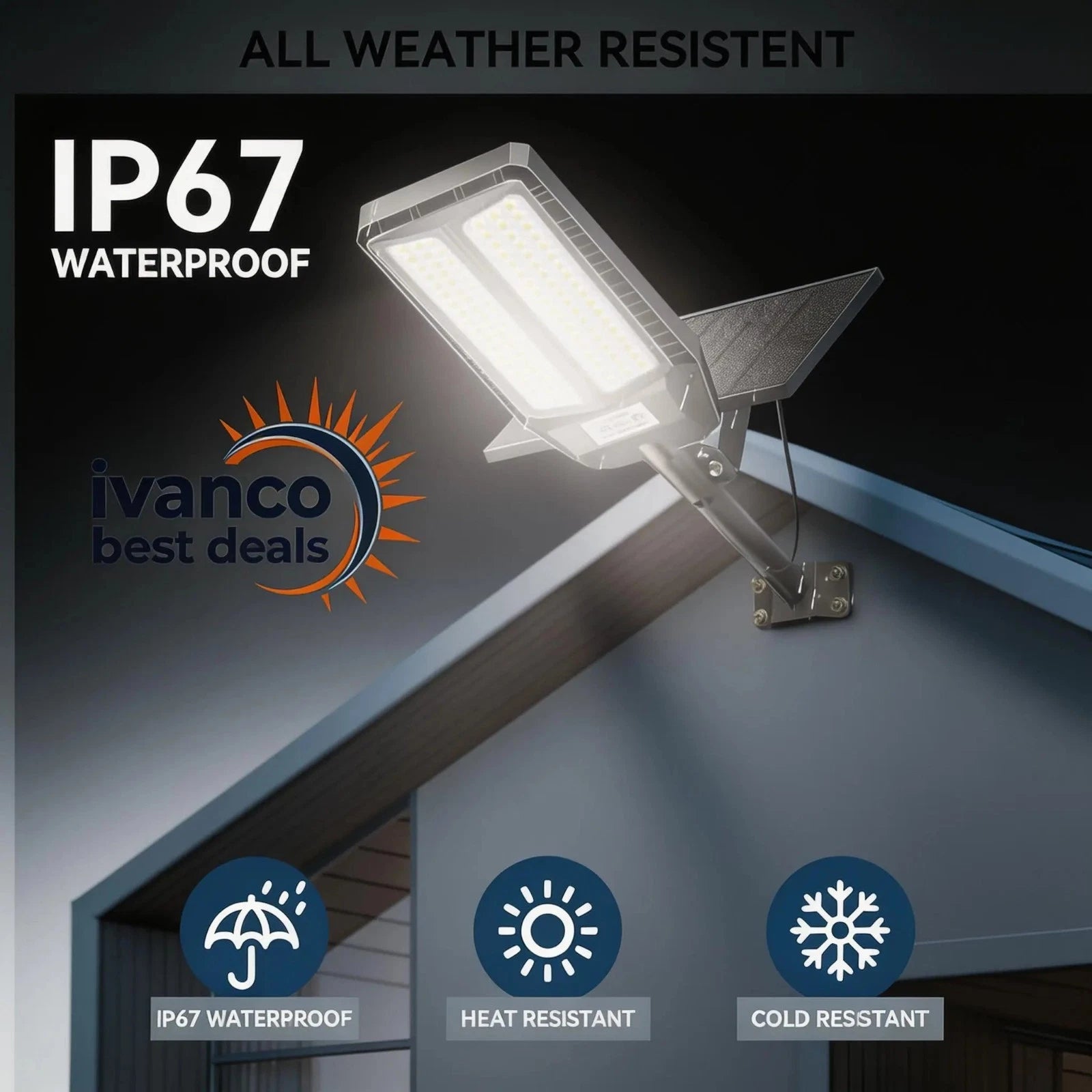 Outdoor light fixture with IP67 waterproof rating on a dark background, featuring Ivanco branding.