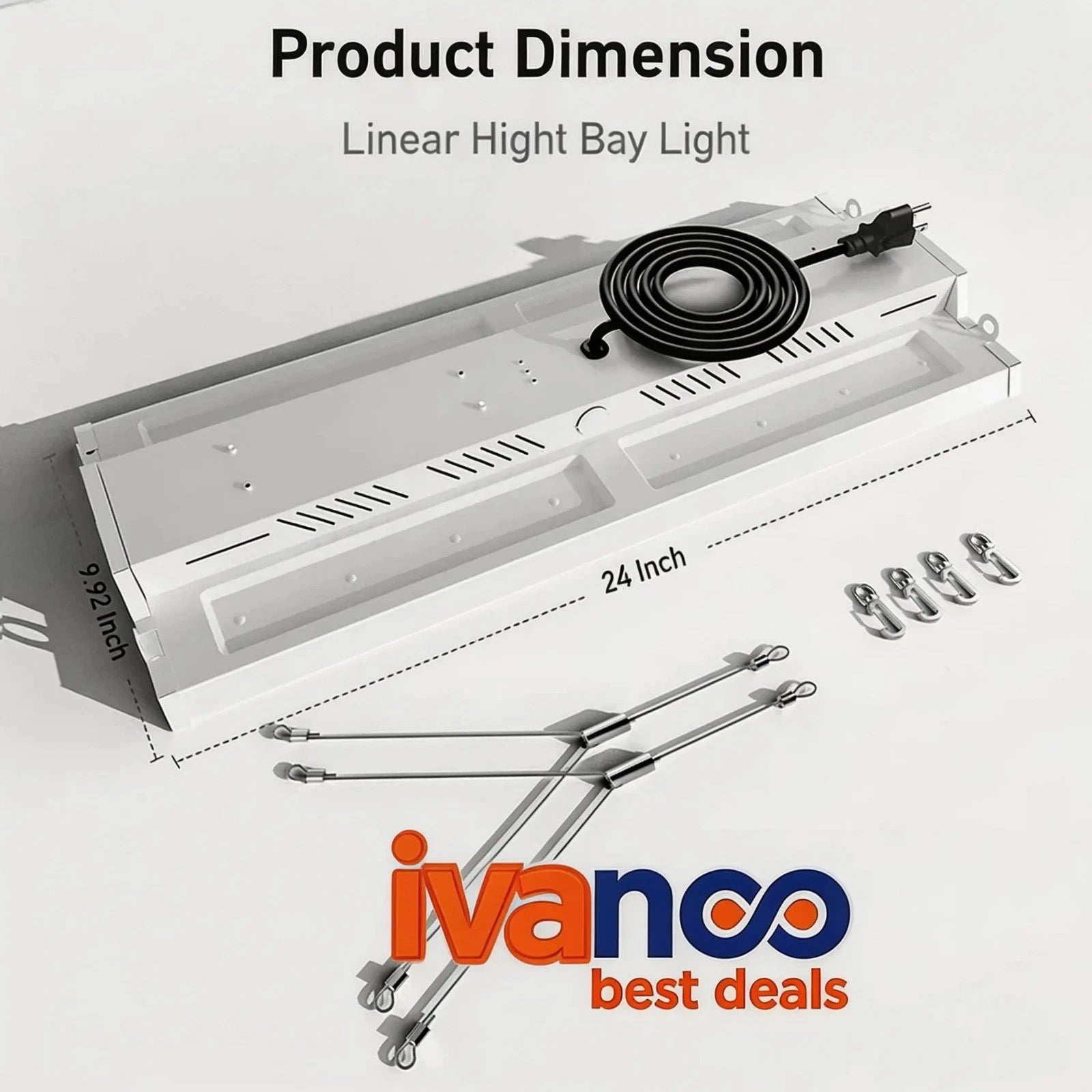 Linear high bay light with dimensions and ivanco logo on a white background