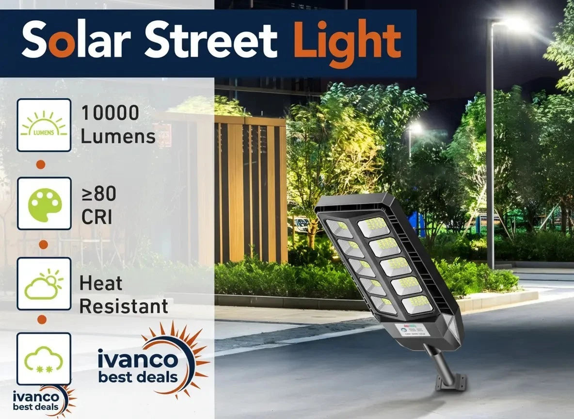 Solar street light with specifications and ivanco branding in an outdoor setting.