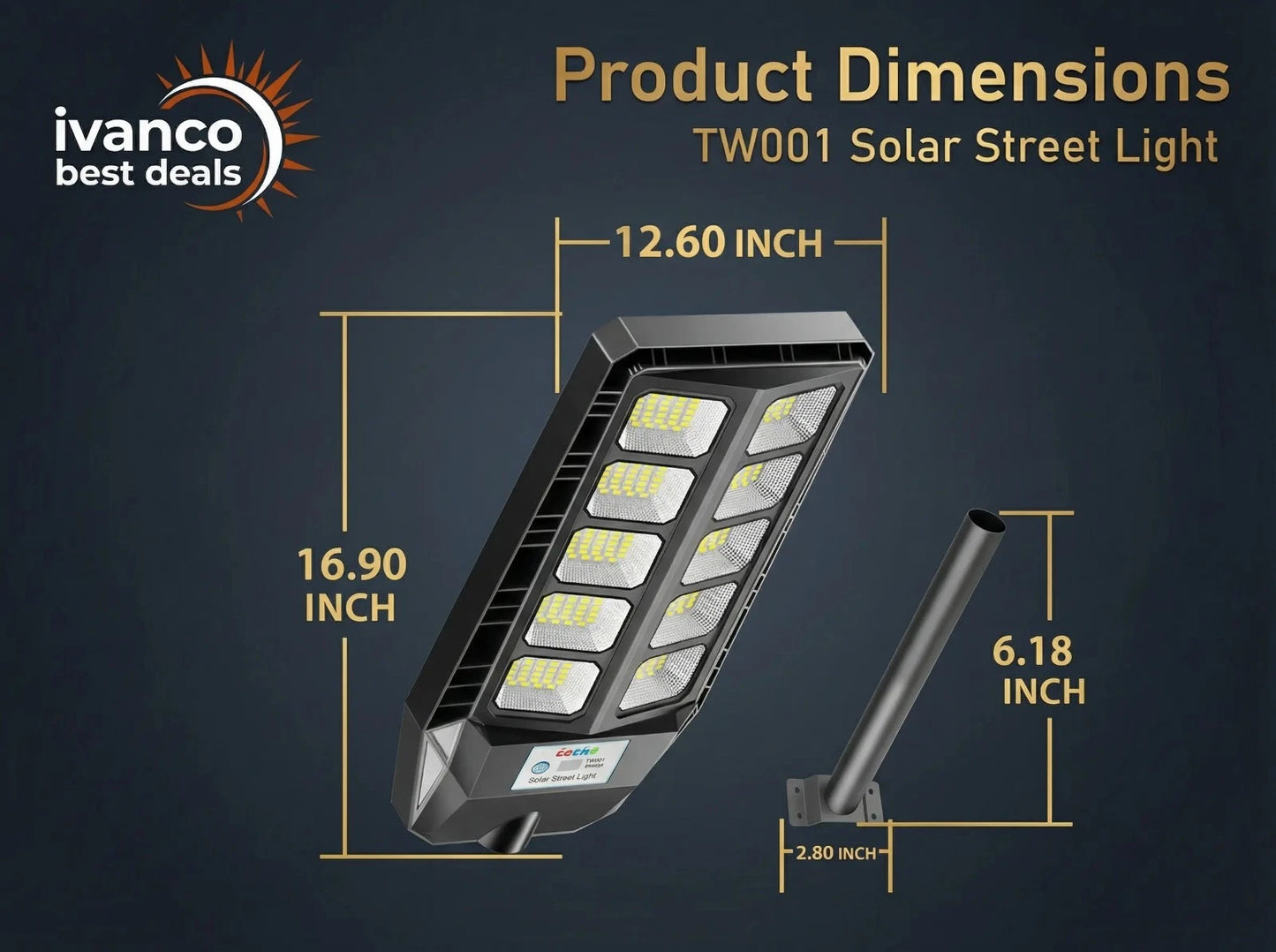Solar street light with dimensions labeled on a dark background, featuring the ivanco brand.