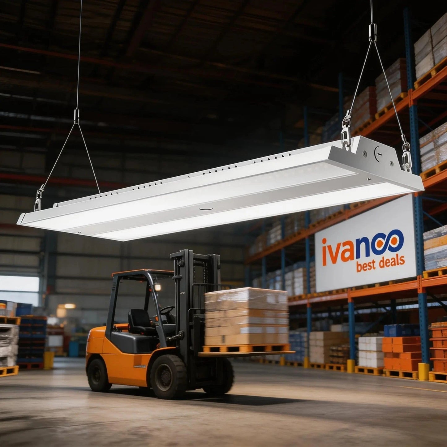 LED light fixture being吊起 in a warehouse with a forklift and 'ivanco best deals' sign.
