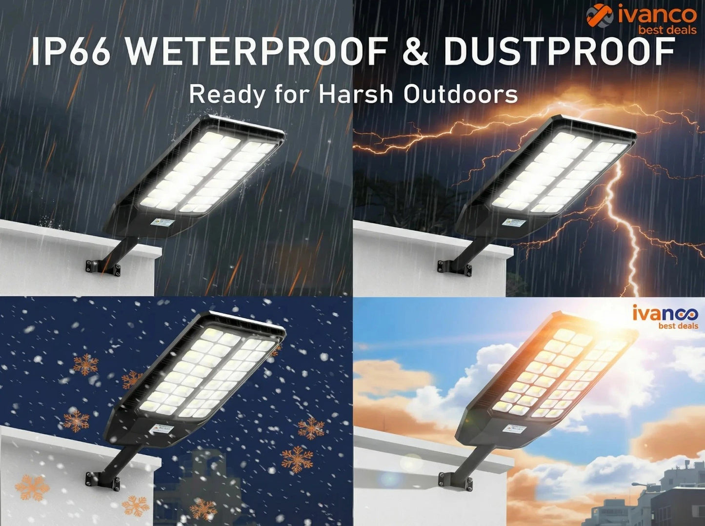 Ivanco outdoor light fixture with IP66 waterproof and dustproof features, shown in various weather conditions.