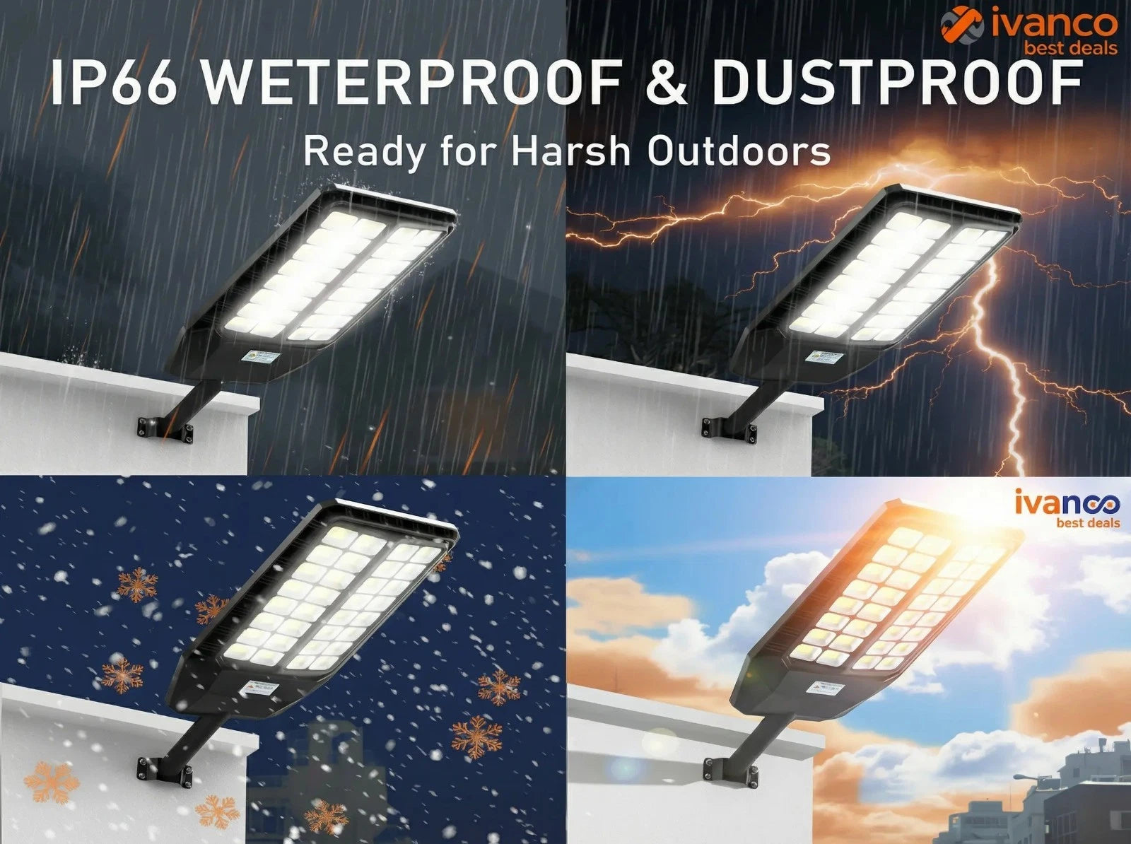 Ivanco outdoor light fixture with IP66 waterproof and dustproof features, shown in various weather conditions.