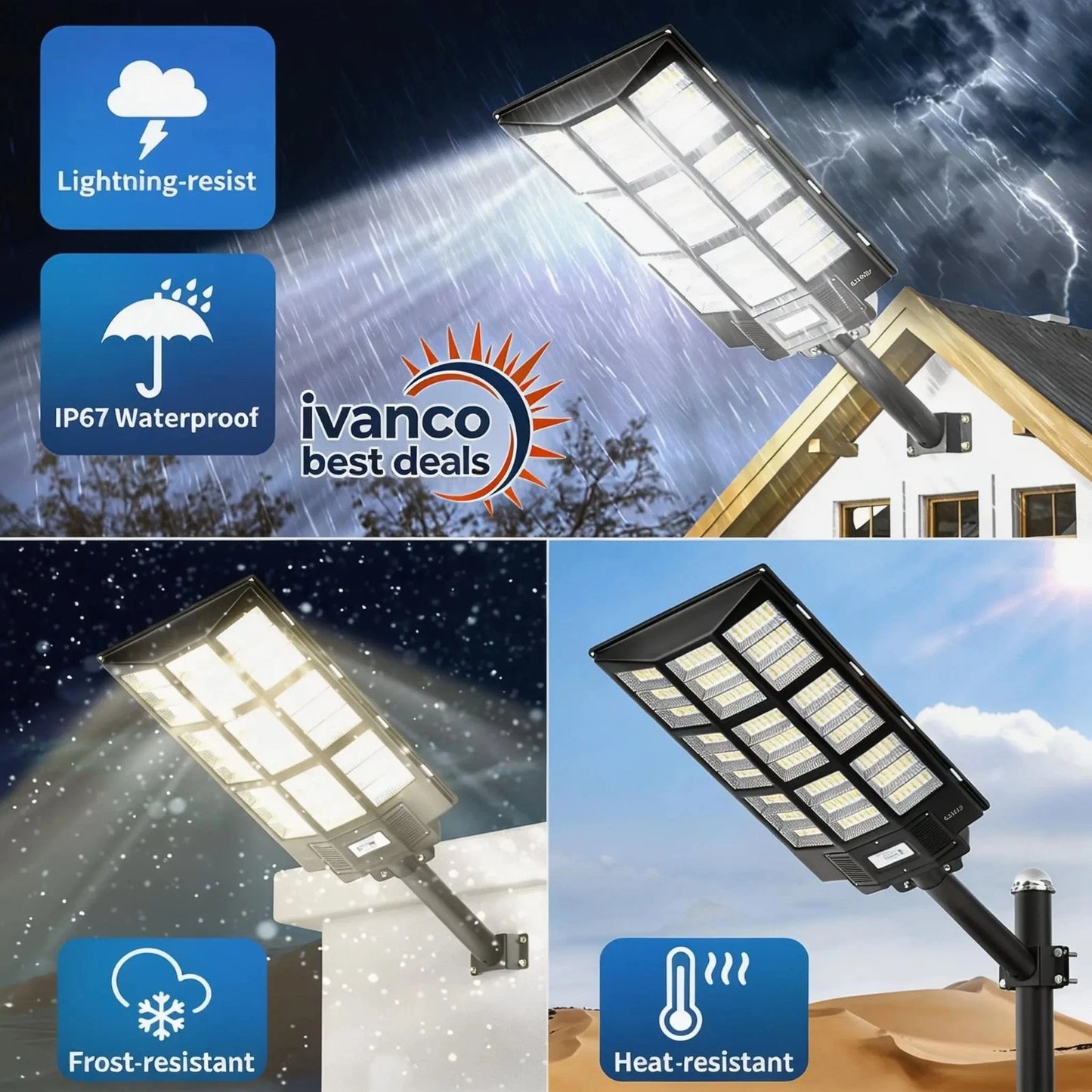 Solar street light with Ivanco branding and features on a dark sky background