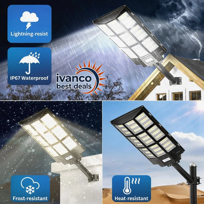 Solar street light with Ivanco branding and features on a dark sky background