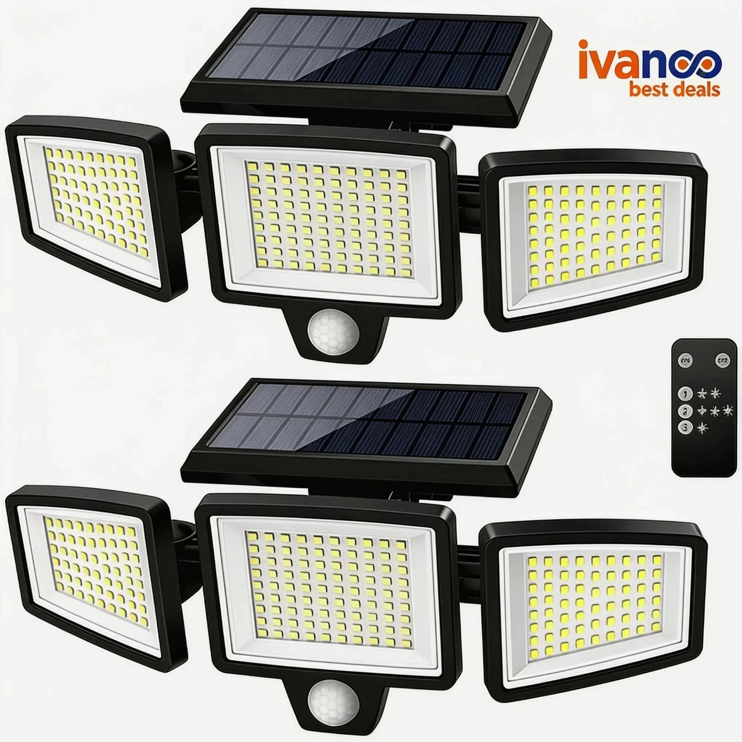 Solar flood lights with motion sensor and remote control on a white background, branded as ivanco.
