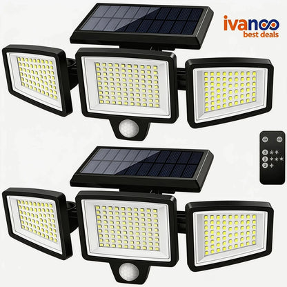Solar flood lights with motion sensor and remote control on a white background, branded as ivanco.