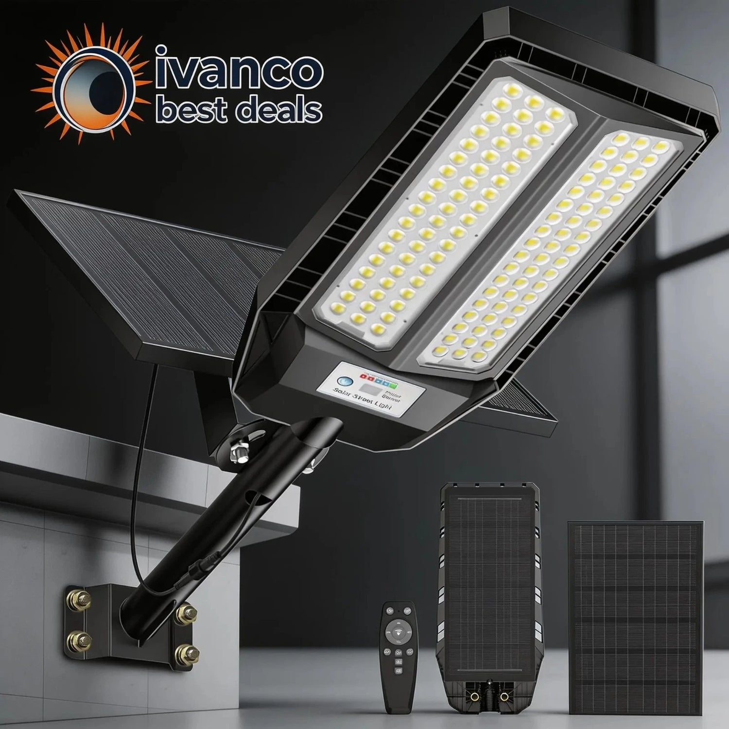 Solar flood light with solar panel and remote control on a gray background, featuring ivanco logo.