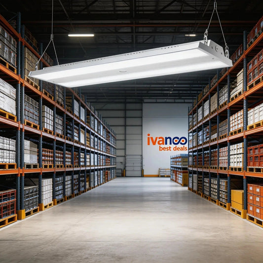 Warehouse interior with shelves and a ceiling light fixture, featuring the Ivanco logo.
