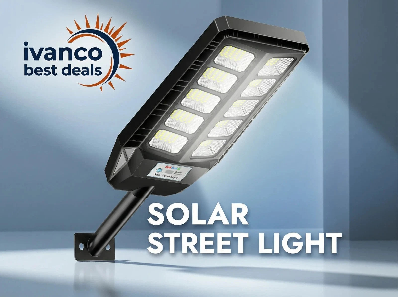 Solar street light with ivanco best deals logo on a blue background